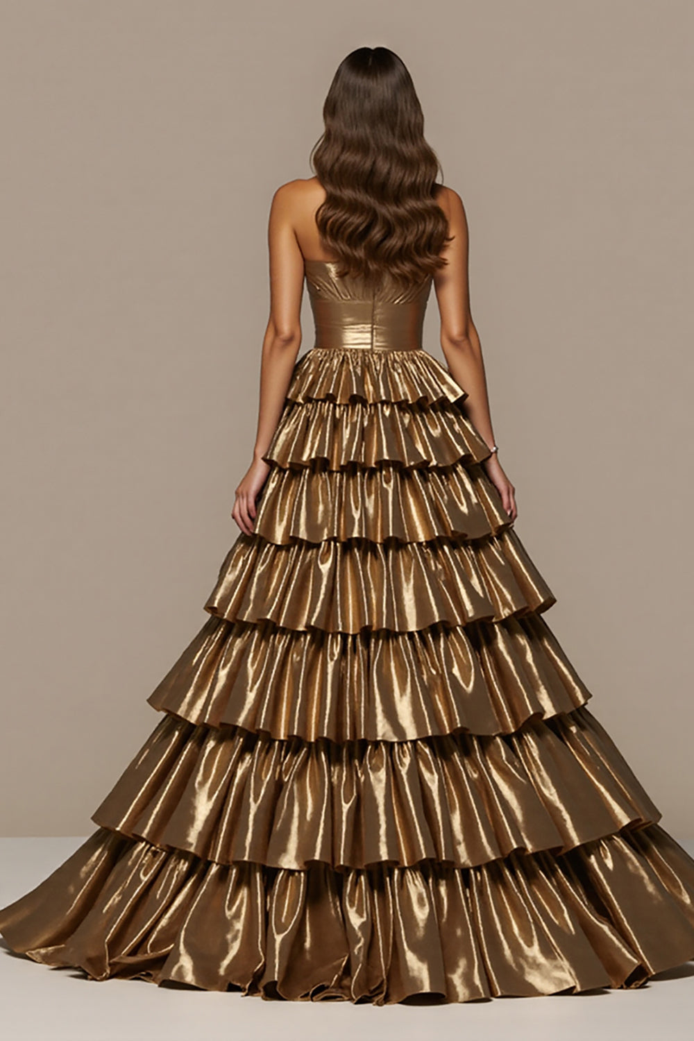 Golden Tiered Satin Ball Gown Maxi Prom Dress with Ruffles