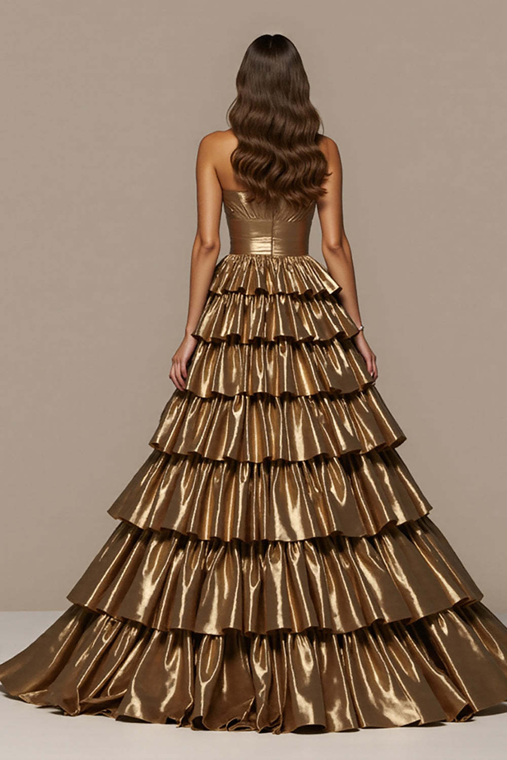 Golden Tiered Satin Ball Gown Maxi Prom Dress with Ruffles
