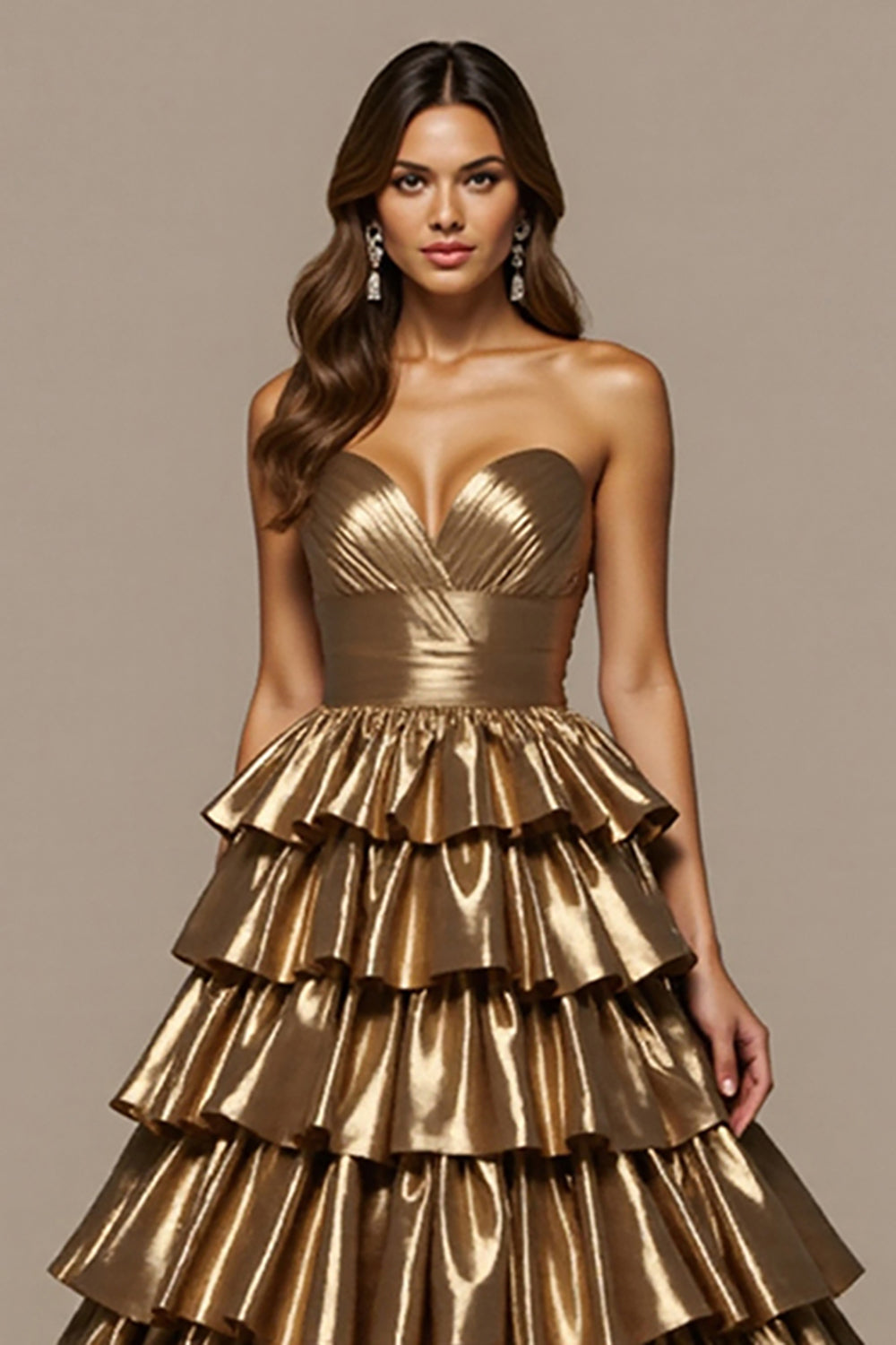 Golden Tiered Satin Ball Gown Maxi Prom Dress with Ruffles