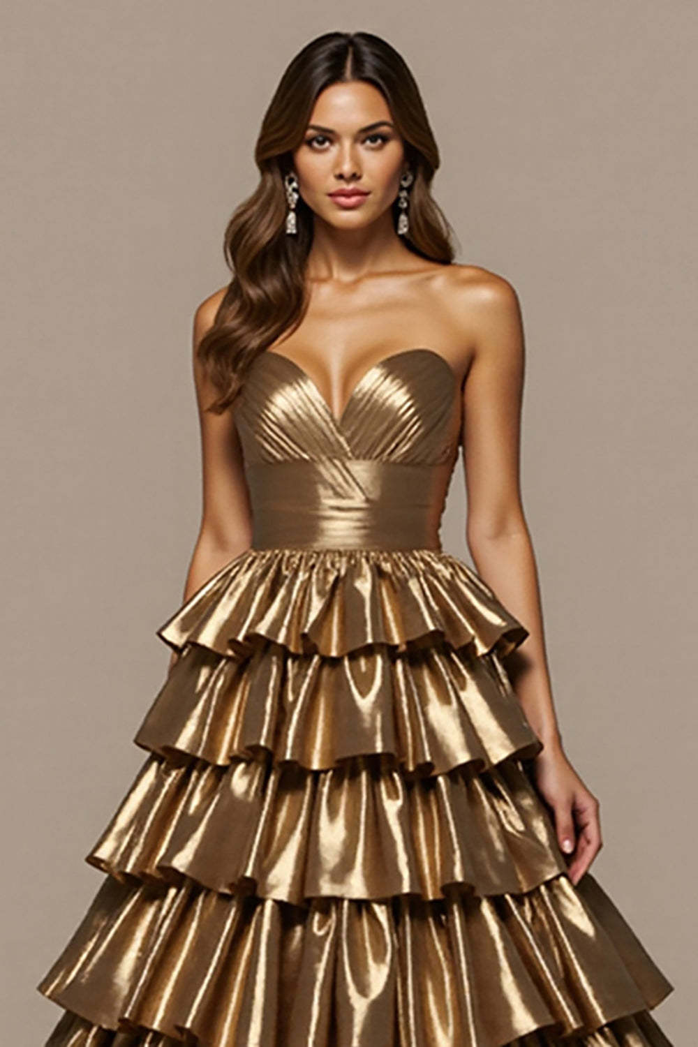 Golden Tiered Satin Ball Gown Maxi Prom Dress with Ruffles
