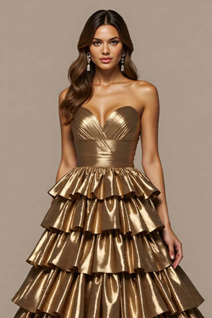 Golden Tiered Satin Ball Gown Maxi Prom Dress with Ruffles
