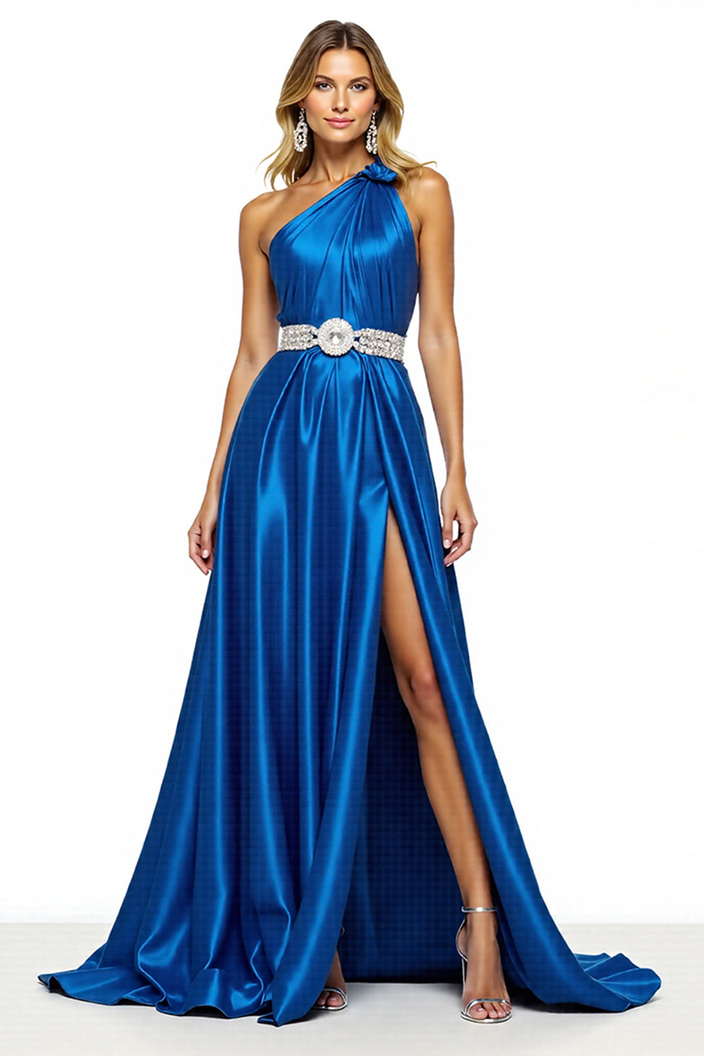 Leely Women Royal Blue Satin Maxi Prom Dress with Slit A Line One Shoulder Ruched Evening Dress with Rhinestones