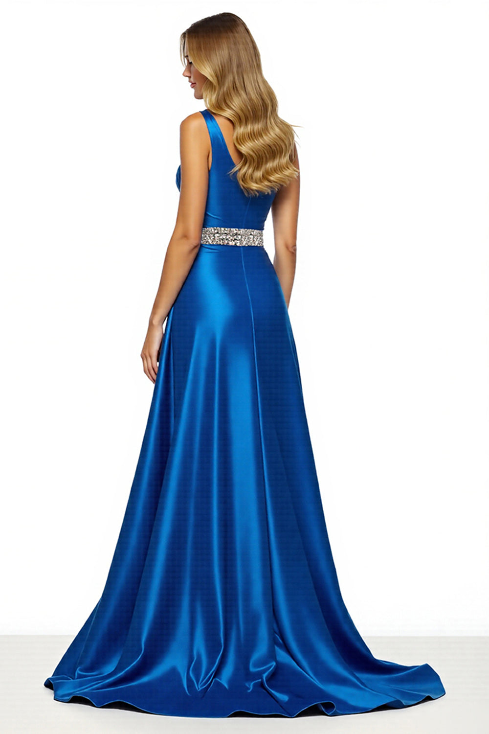 Royal Blue A Line One Shoulder Maxi Satin Prom Dress with Slit