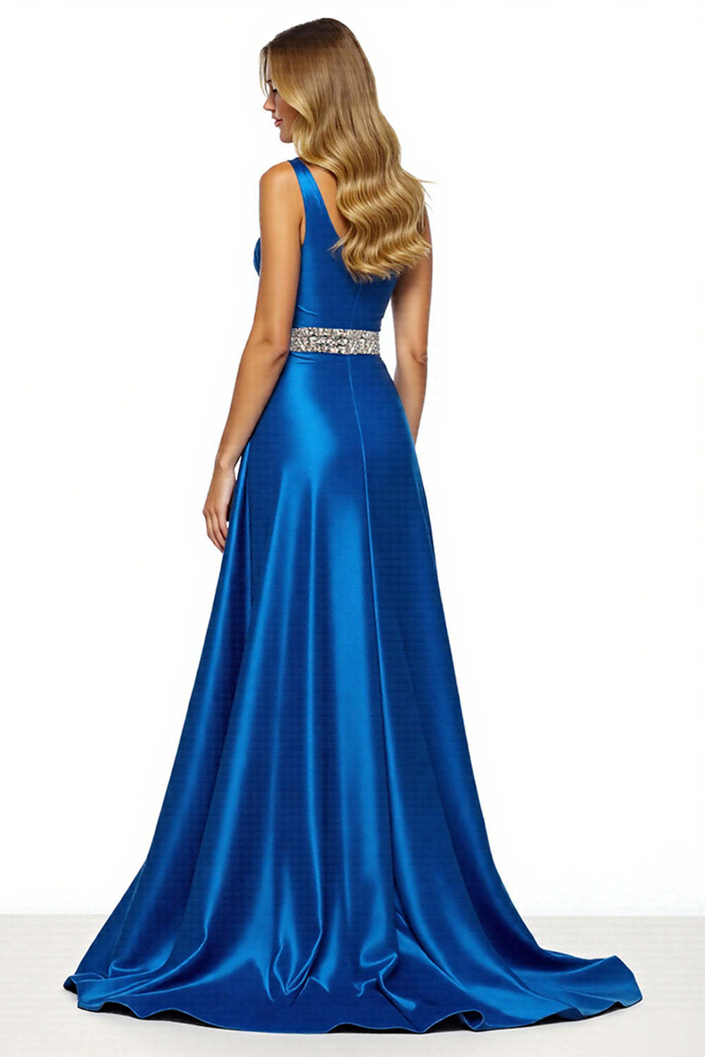 Royal Blue A Line One Shoulder Maxi Satin Prom Dress with Slit