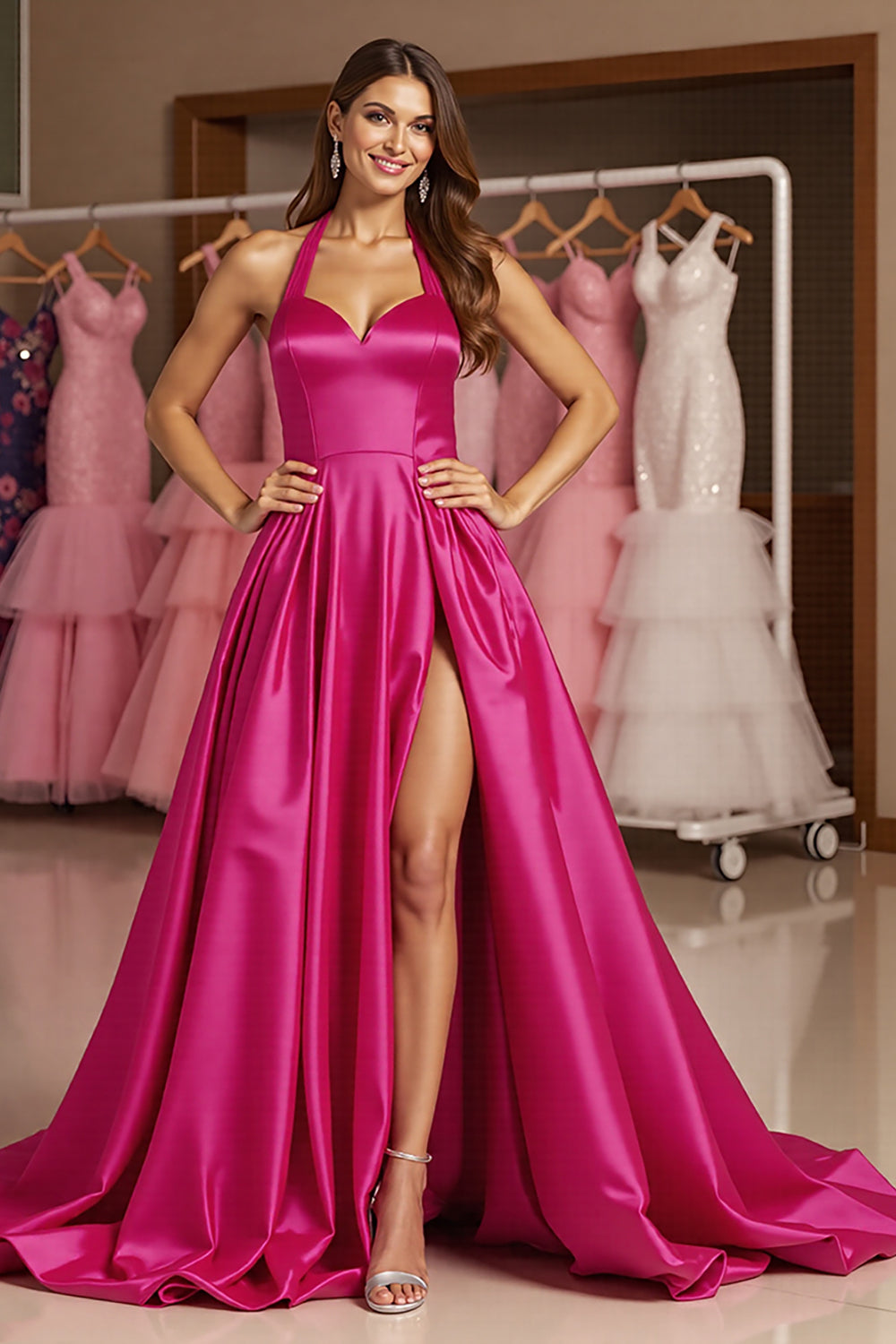 Leely Women Fuchsia Satin Maxi Prom Dress with Slit Ball Gown Halter Backless Pageant Dress