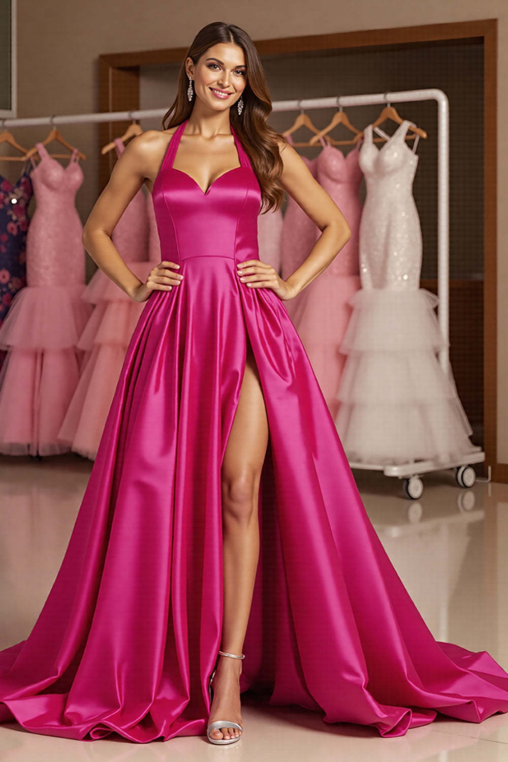 Leely Women Fuchsia Satin Maxi Prom Dress with Slit Ball Gown Halter Backless Pageant Dress