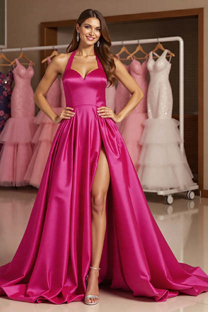 Leely Women Fuchsia Satin Maxi Prom Dress with Slit Ball Gown Halter Backless Pageant Dress