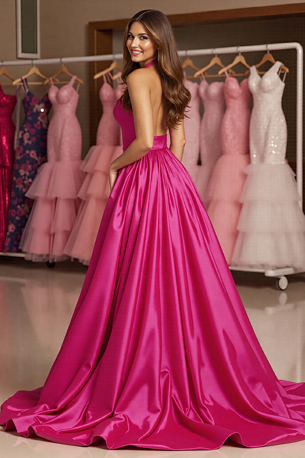Fuchsia Ball Gown Halter Maxi Satin Prom Dress with Slit