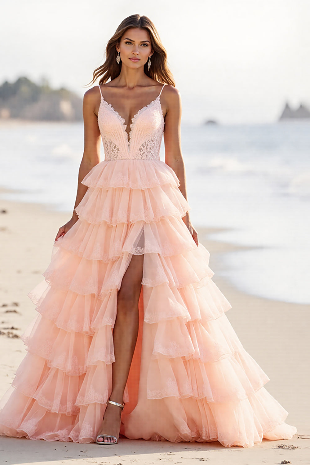 Blush Tulle Ball Gown Ruffled Maxi Tiered Prom Dress with Slit