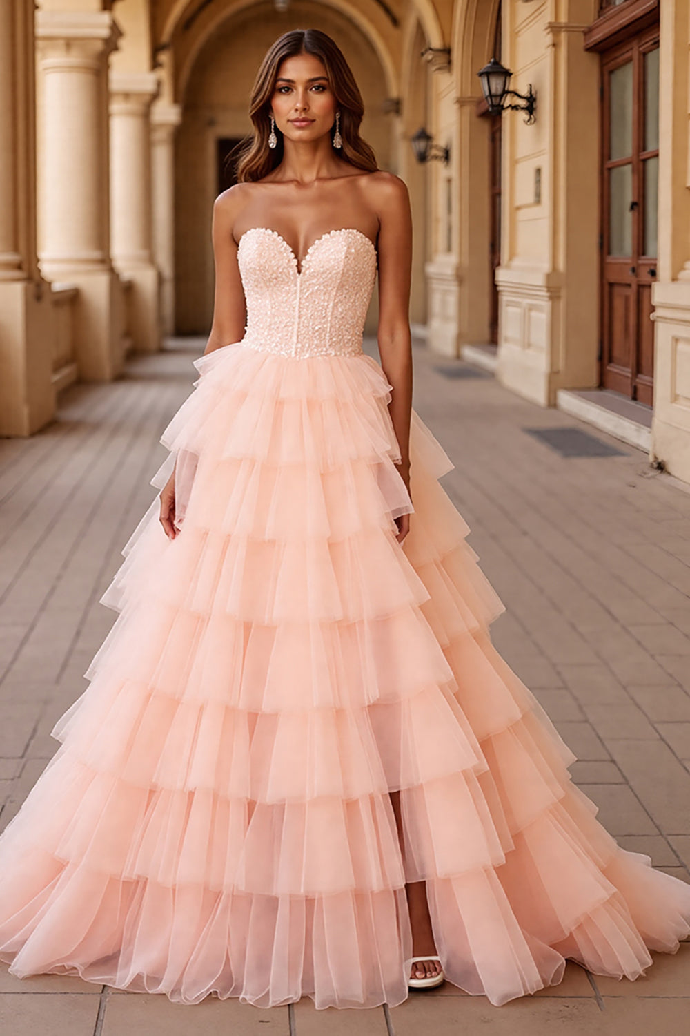 Blush Tiered Ball Gown Tulle Maxi Prom Dress with Ruffles