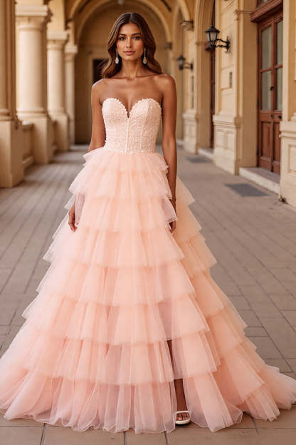 Leely Women Blush Tulle Maxi Prom Dress with Ruffles Ball Gown Sweetheart Tiered Pageant Dress with Appliques