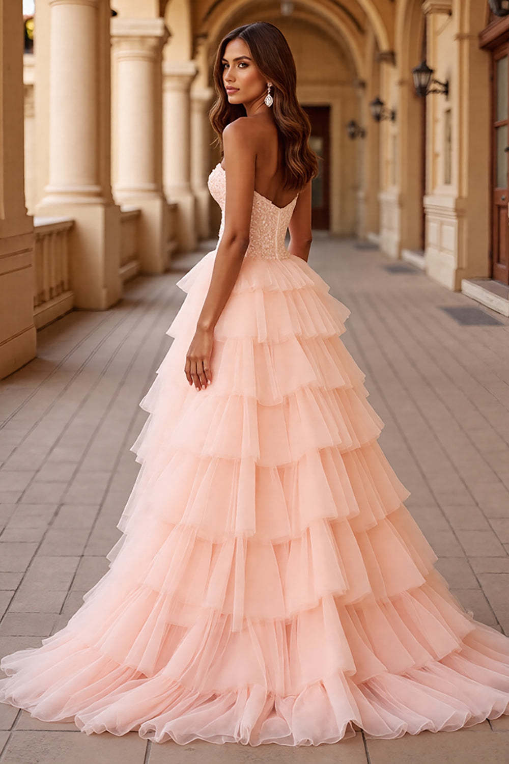 Blush Tiered Ball Gown Tulle Maxi Prom Dress with Ruffles
