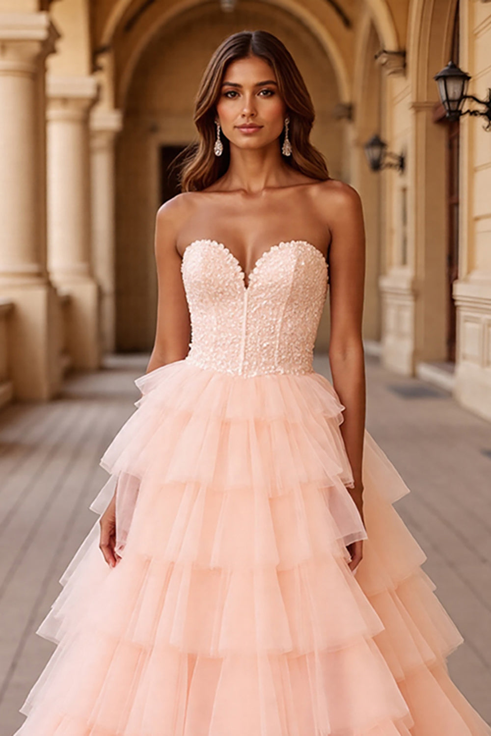Blush Tiered Ball Gown Tulle Maxi Prom Dress with Ruffles