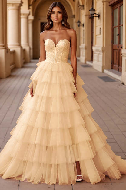 Blush Tiered Ball Gown Tulle Maxi Prom Dress with Ruffles