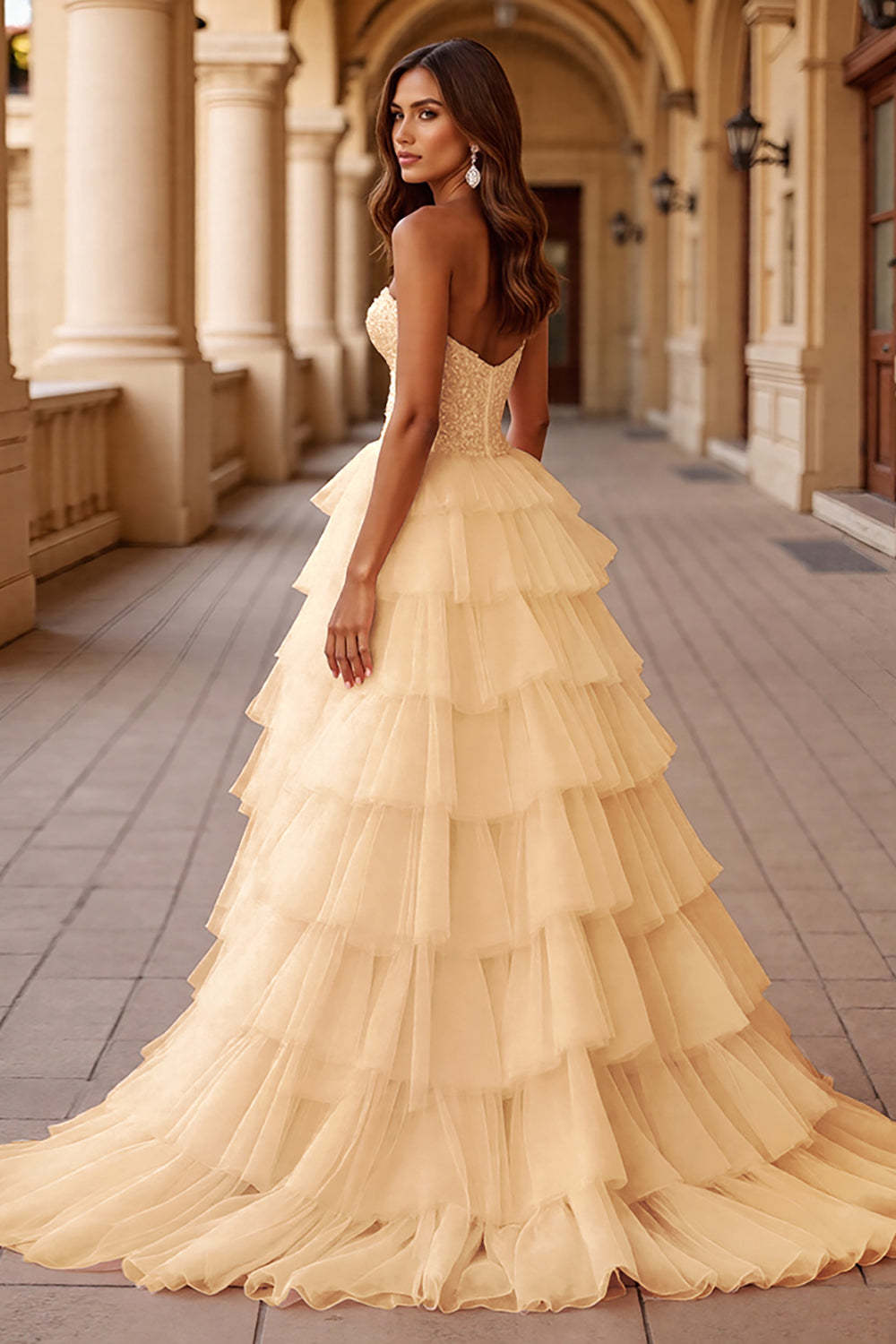 Blush Tiered Ball Gown Tulle Maxi Prom Dress with Ruffles