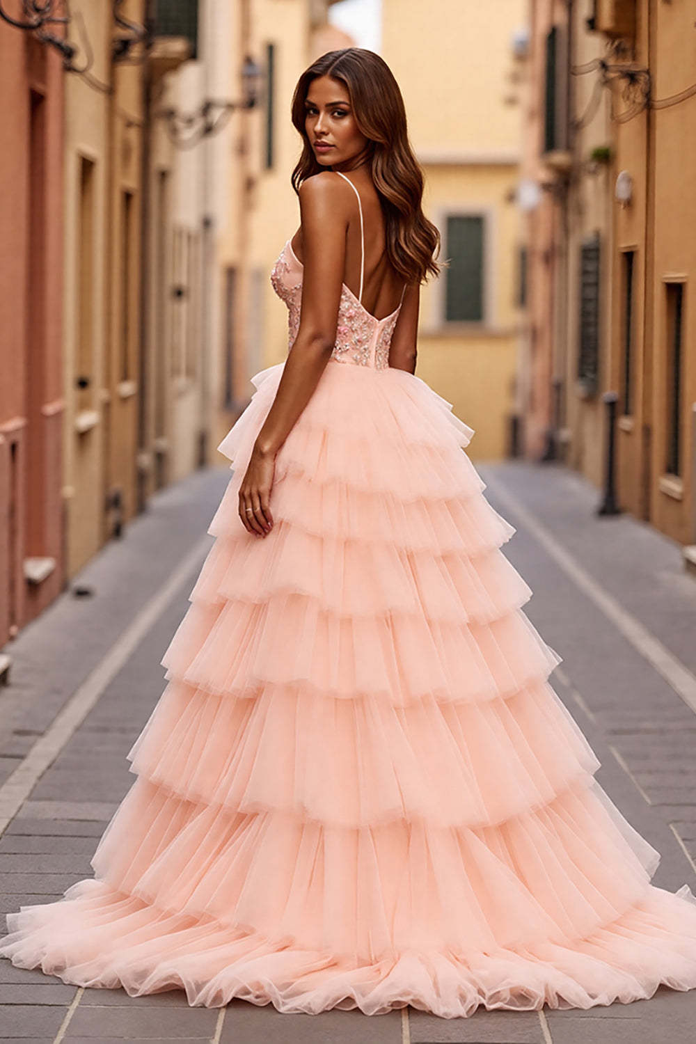 Blush Ball Gown Tiered Maxi Prom Dress with Slit