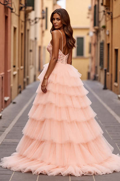 Blush Ball Gown Tiered Maxi Prom Dress with Slit