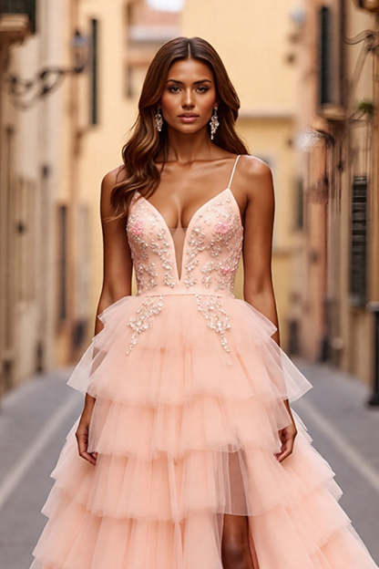 Blush Ball Gown Tiered Maxi Prom Dress with Slit