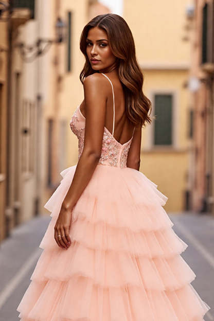 Blush Ball Gown Tiered Maxi Prom Dress with Slit