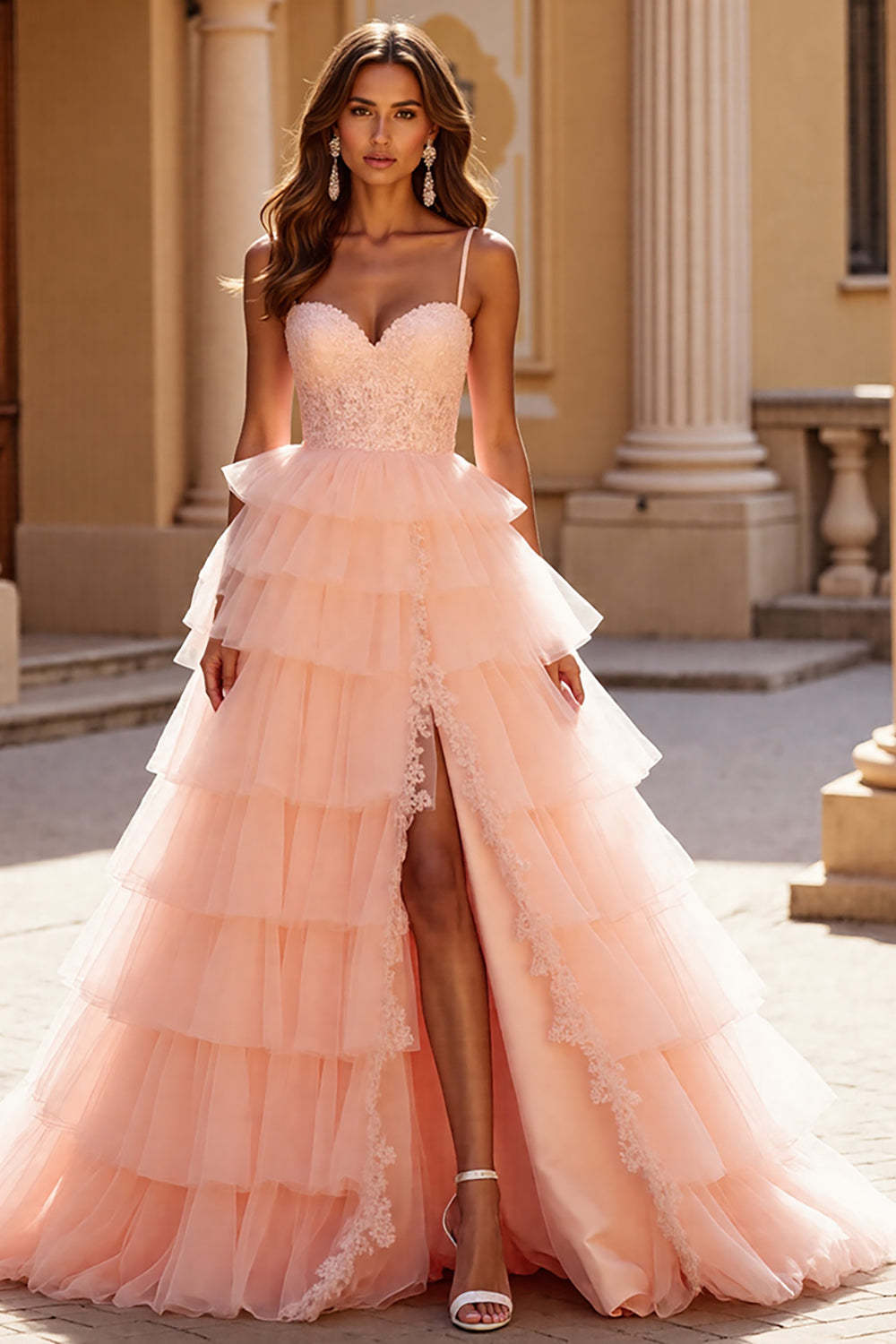 Leely Women Blush Tulle Maxi Prom Dress with Appliques Ball Gown Tiered Spaghetti Straps Evening Dress with Slit