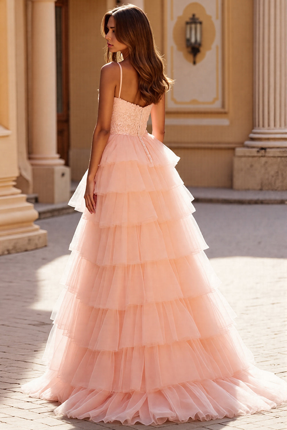 Blush Ball Gown Tulle Tiered Maxi Prom Dress with Appliques