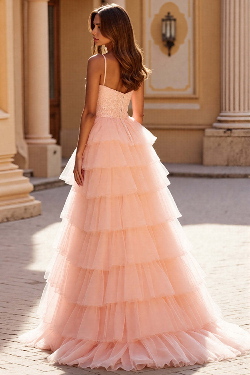 Blush Ball Gown Tulle Tiered Maxi Prom Dress with Appliques