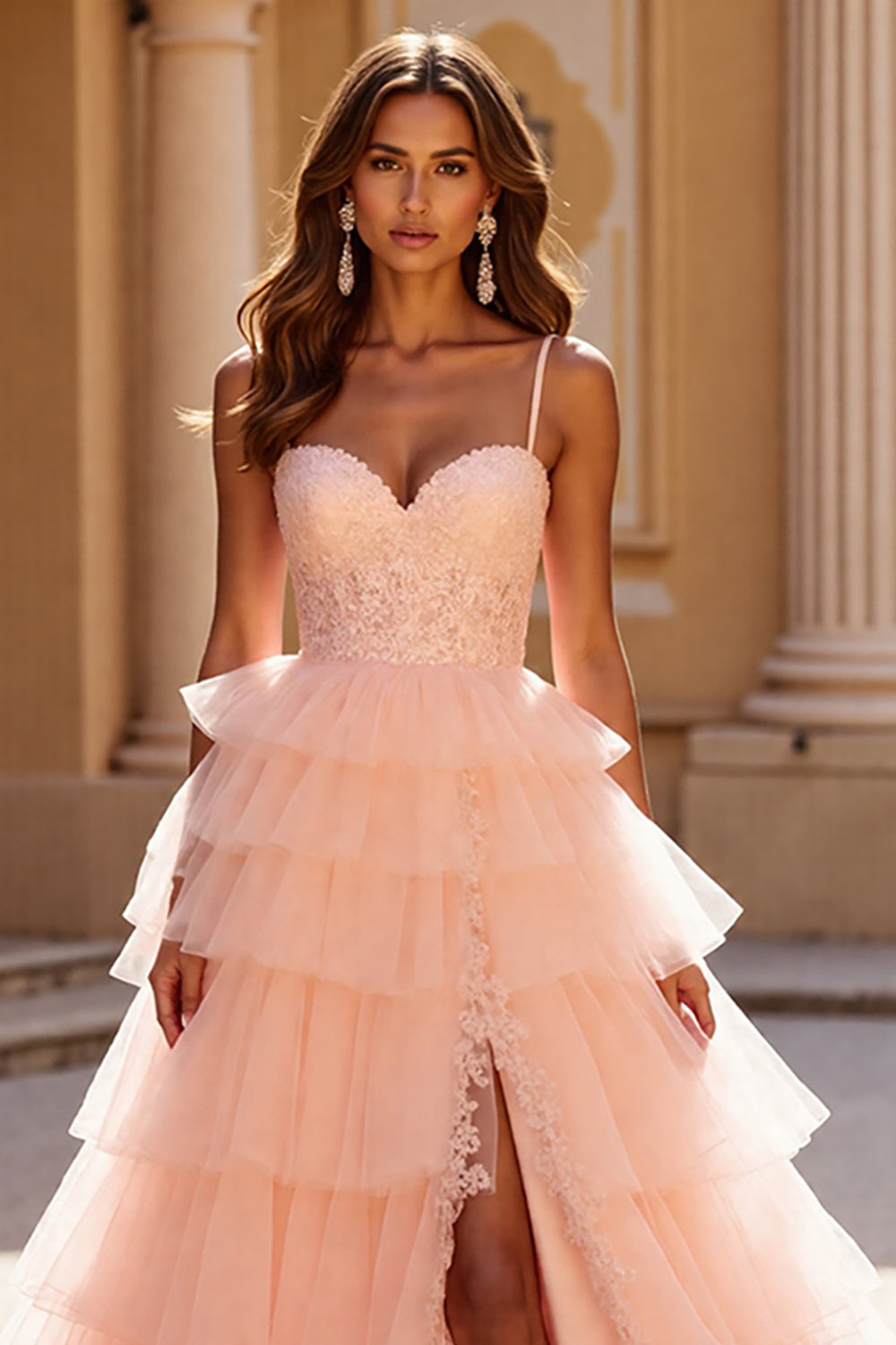 Blush Ball Gown Tulle Tiered Maxi Prom Dress with Appliques