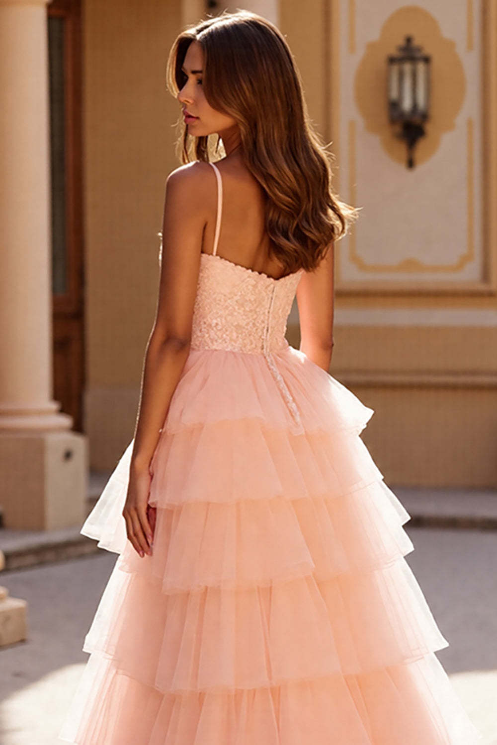 Blush Ball Gown Tulle Tiered Maxi Prom Dress with Appliques
