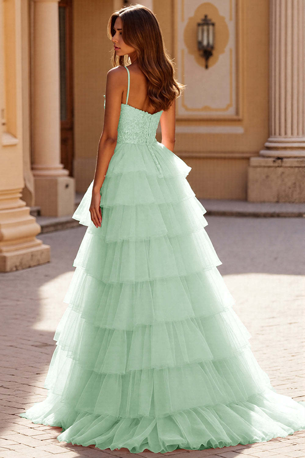 Blush Ball Gown Tulle Tiered Maxi Prom Dress with Appliques