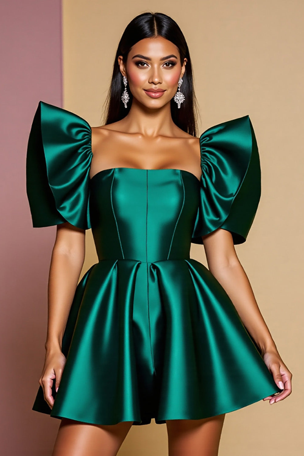 Leely Women Dark Green Corset Satin Mini Homecoming Dress with Ruffles A Line Strapless Short Sleeves Cocktail Dress