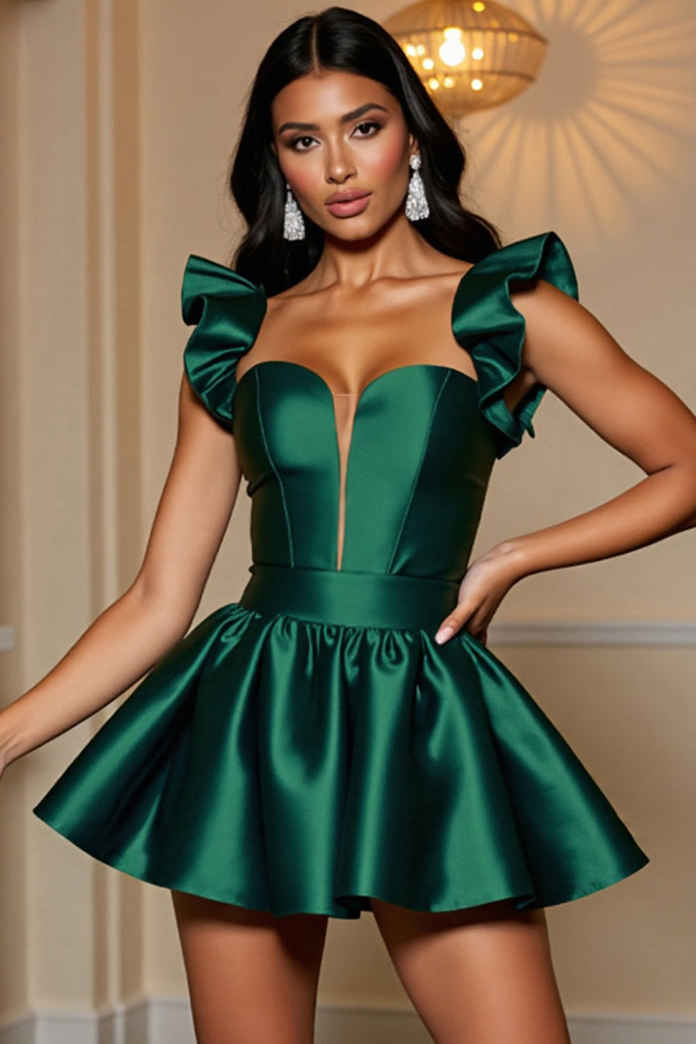 Dark Green Ruffled Satin A Line Mini Homecoming Dress