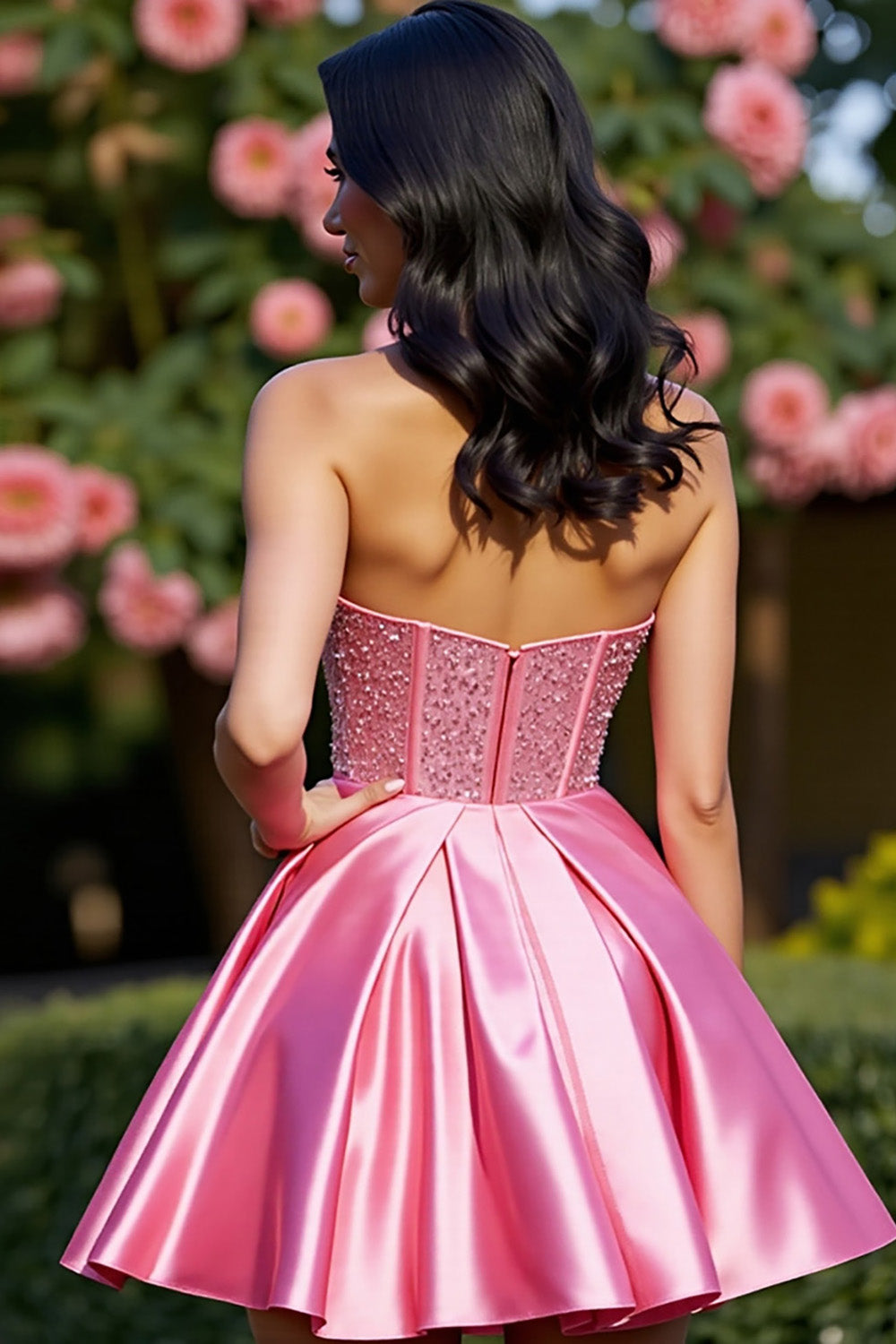 Sparkly Pink A Line Satin Mini Corset Homecoming Dress with Rhinestone