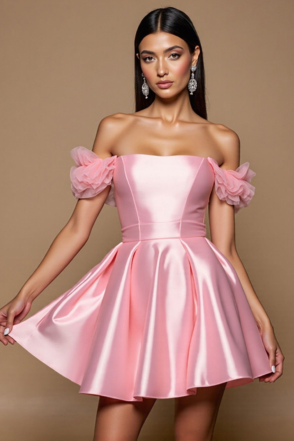 Pink A Line Satin Mini Homecoming Dress with Ruffles