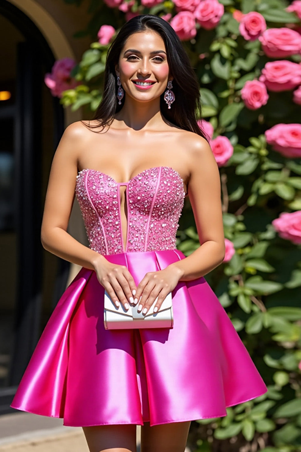 Sparkly Fuchsia A Line Corset Mini Satin Homecoming Dress with Rhinestone