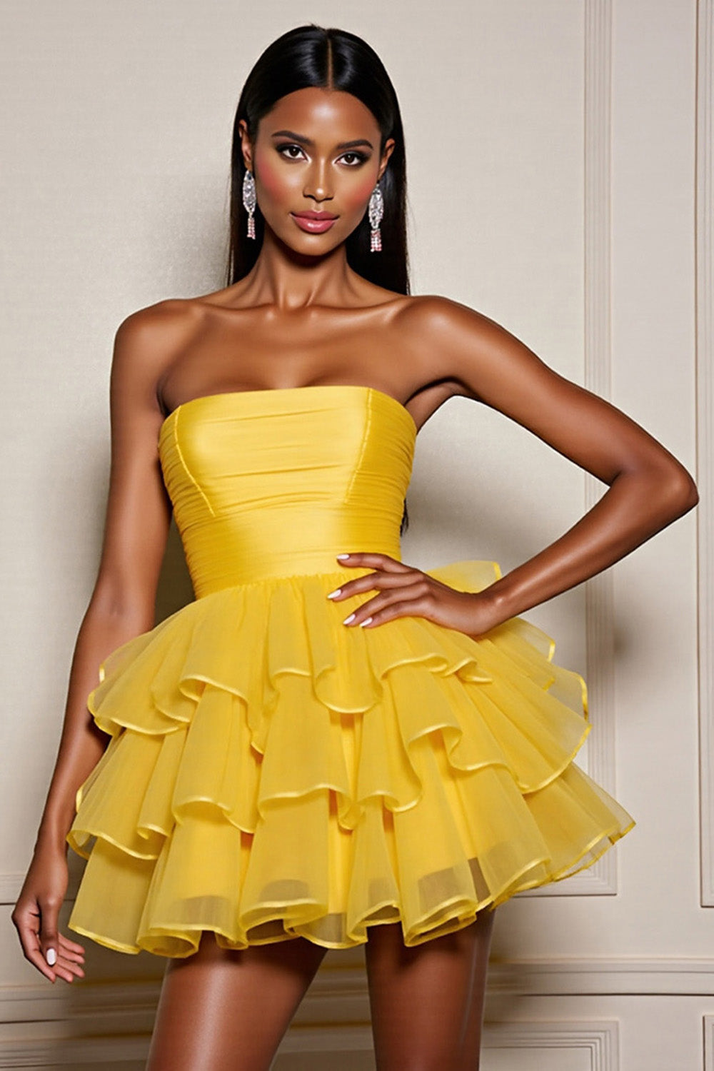 Yellow A Line Tulle Strapless Tiered Mini Homecoming Dress