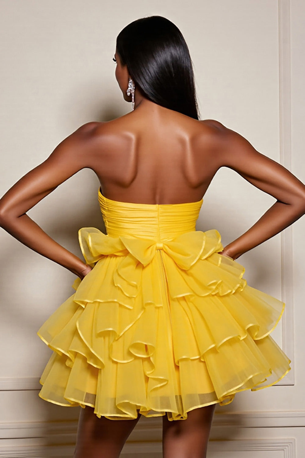 Yellow A Line Tulle Strapless Tiered Mini Homecoming Dress