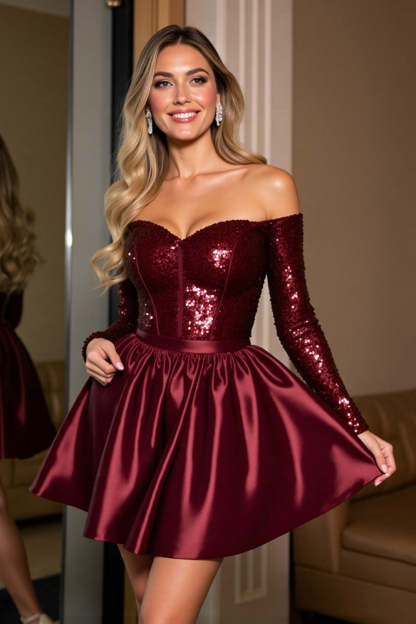 Leely Women Burgundy Sequins Mini Homecoming Dress Sparkly A Line Off the Shoulder Long Sleeves Party Dress