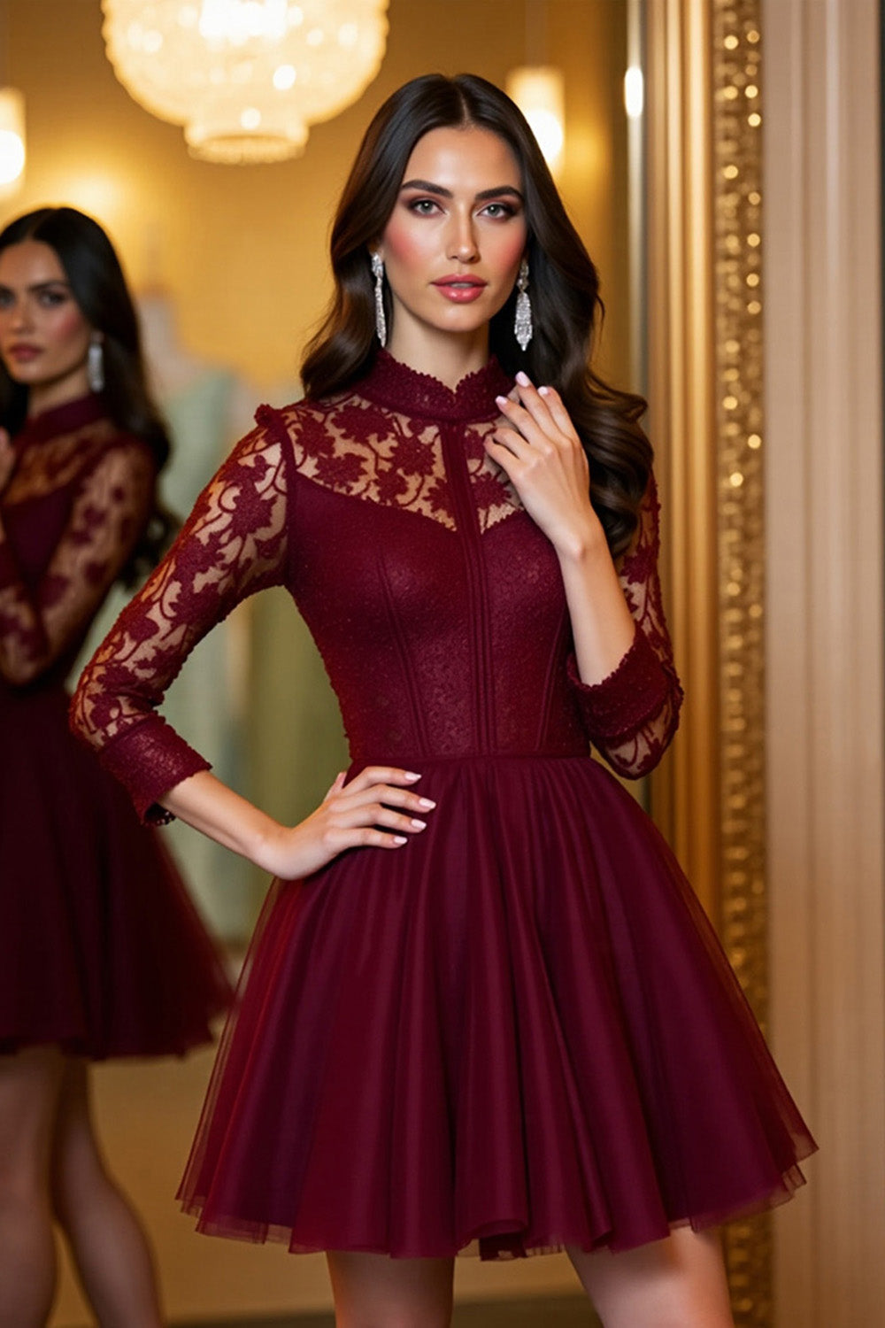 Burgundy Tulle A Line Mini Corset Homecoming Dress with Appliques