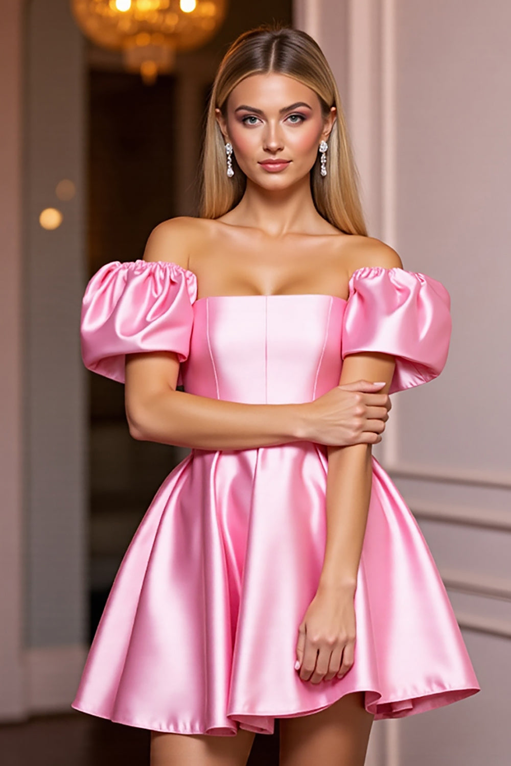 Pink A Line Off the Shoulder Mini Satin Homecoming Dress with Ruffles