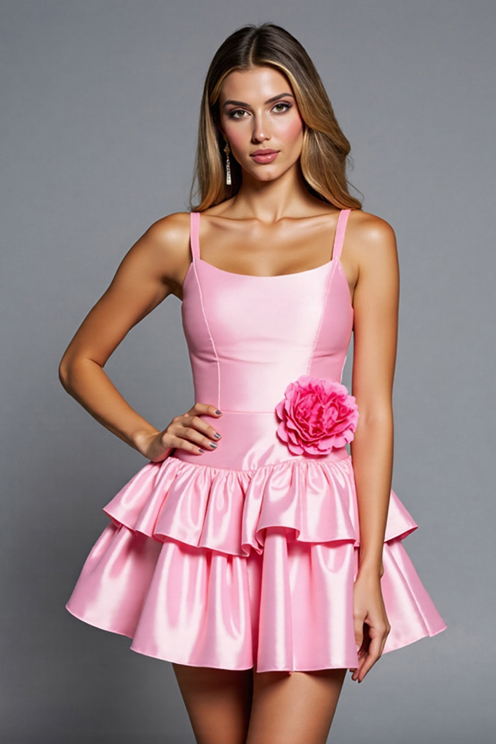 Pink A Line Tiered Satin Mini Homecoming Dress with 3D Flowers