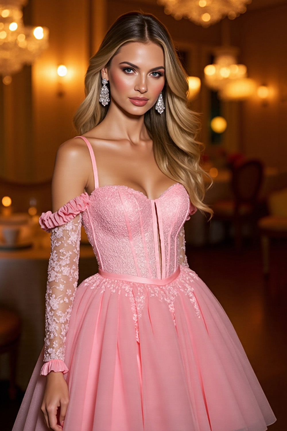 Pink A Line Mini Tulle Corset Homecoming Dress with Lace