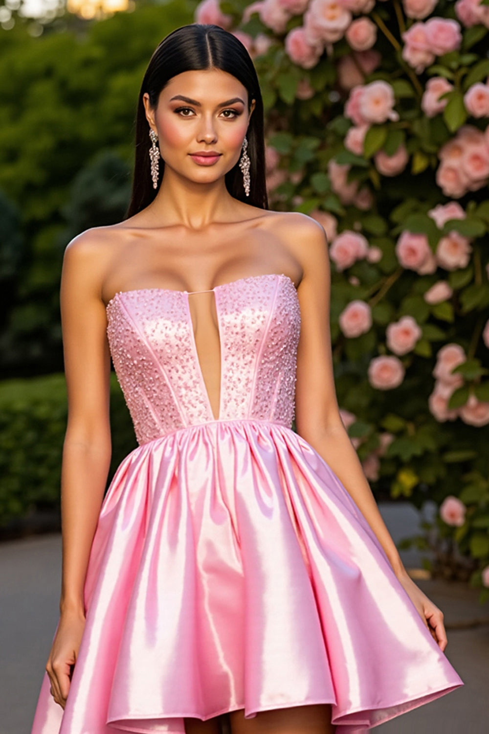 Leely Women Sparkly Pink Satin Mini Corset Homecoming Dress A Line Strapless Cocktail Dress