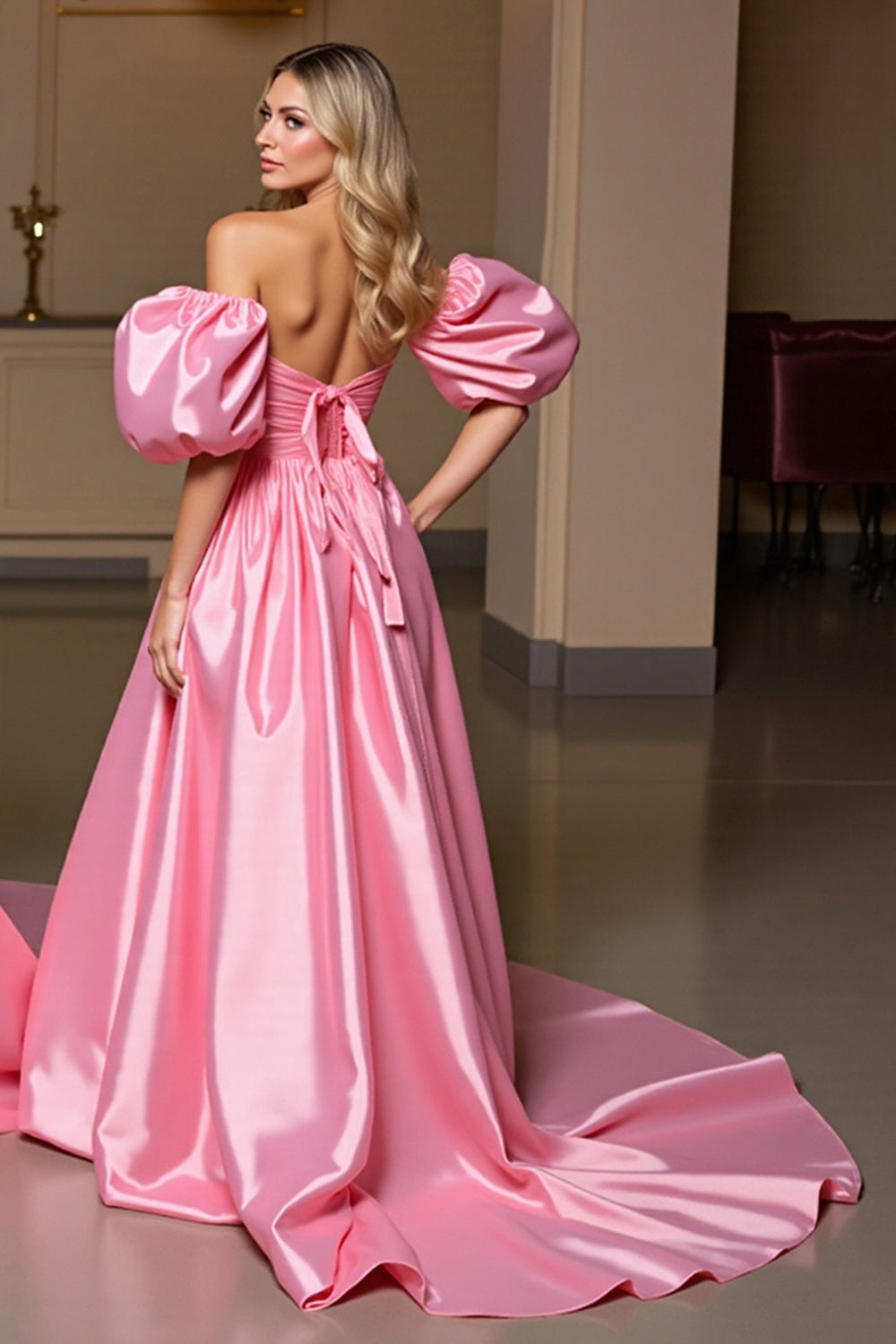 Pink Tight Satin High-Low Homecoming Dress with Cape