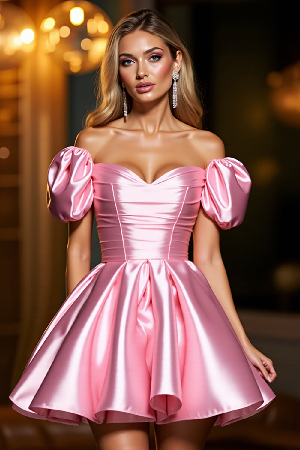 Leely Women Pink Satin Mini Corset Homecoming Dress A Line Puff Sleeves Off the Shoulder Party Dress