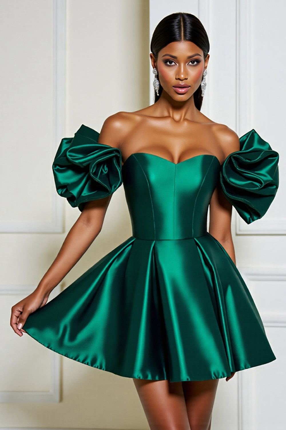 Leely Women Dark Green Satin MIini Homecoming Dress A Line Off the Shoulder Ruffled Cocktail Dress