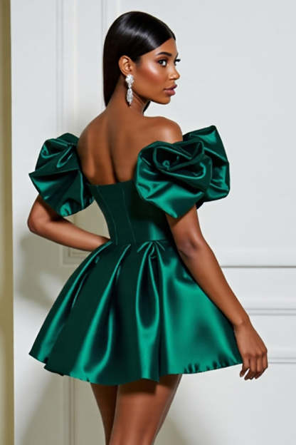 Dark Green A Line Mini Satin Homecoming Dress with Ruffles