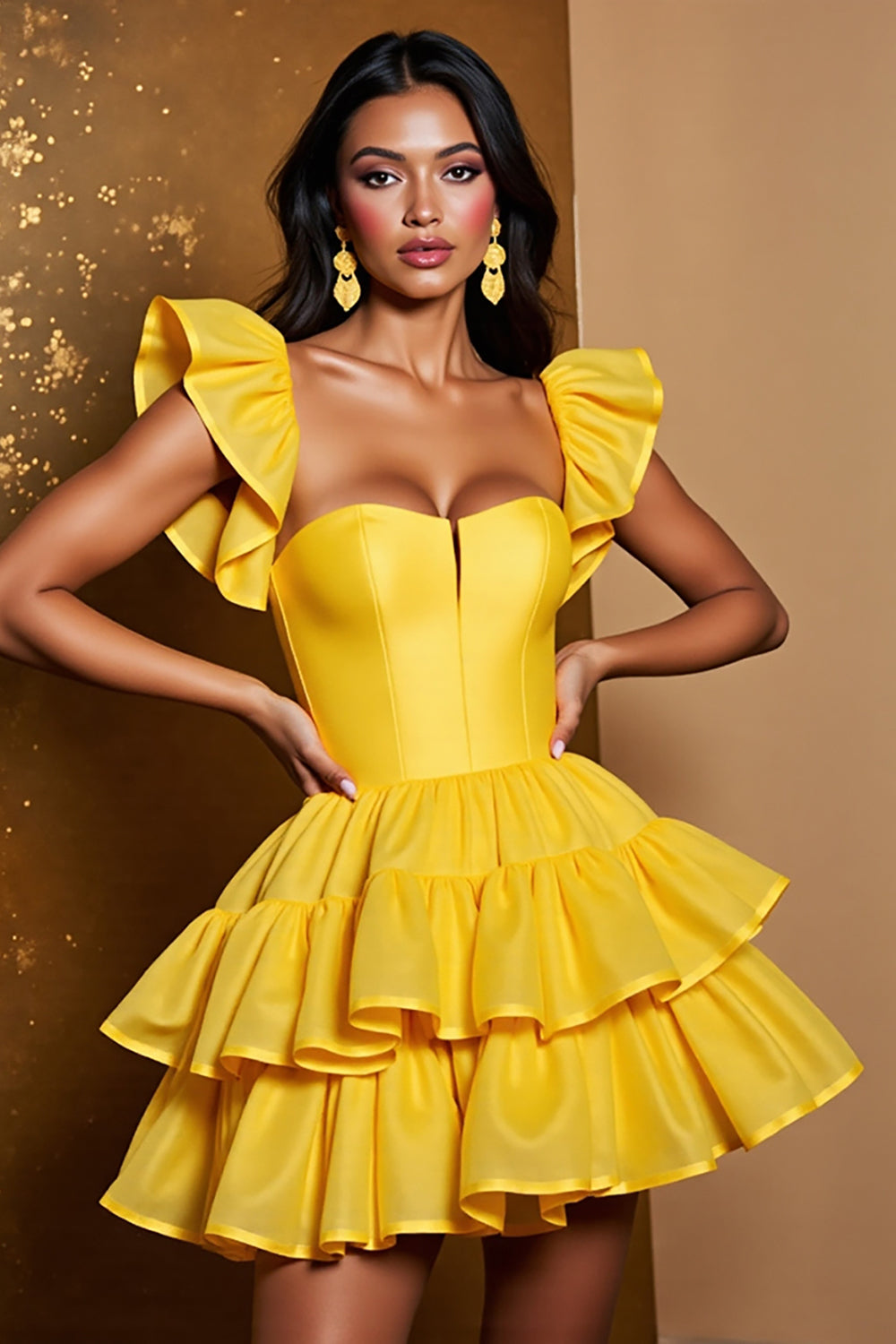 Leely Women Yellow Tulle Mini Homecoming Dress A Line Tiered Short Sleeves Ruffled Cocktail Dress