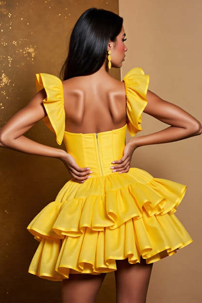 Yellow Tulle Tiered A Line Mini Homecoming Dress
