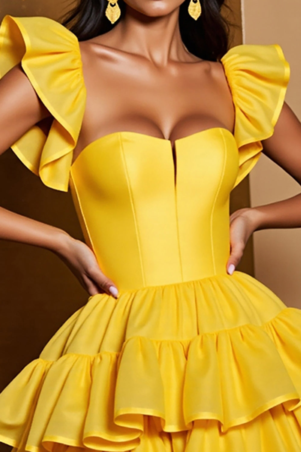 Yellow Tulle Tiered A Line Mini Homecoming Dress
