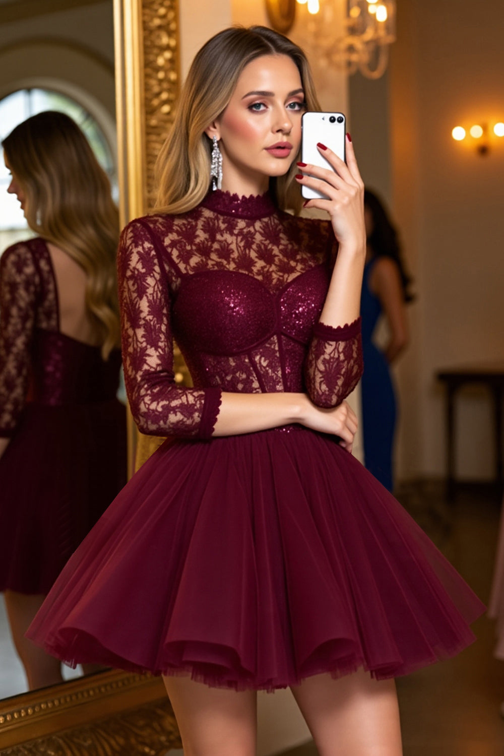 Leely Women Burgundy Tulle Mini Corset Homecoming Dress with Appliques Open Back A Line Illusion Neck 3/4 Sleeves Party Dress